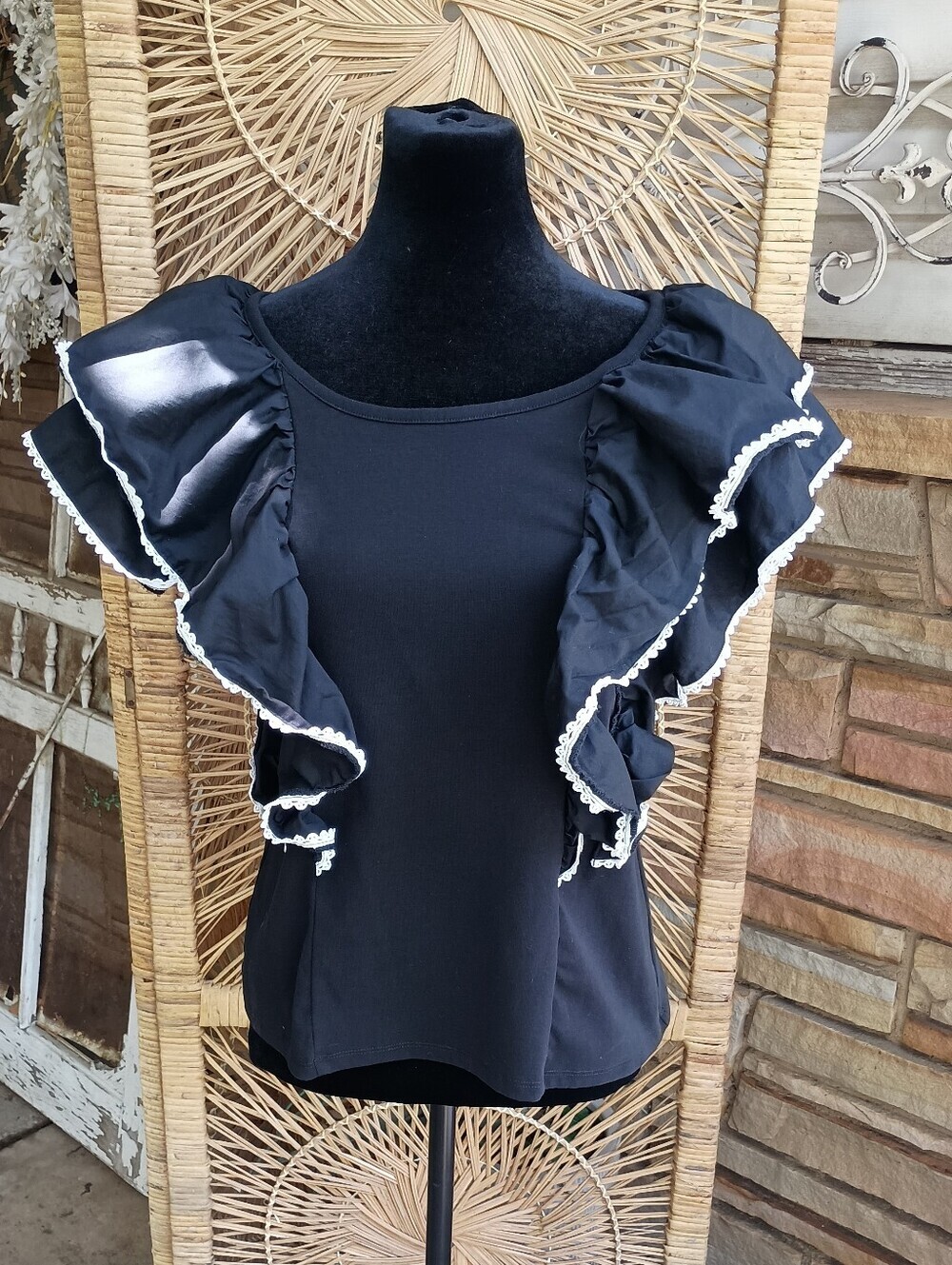 Marc New York Black Ruffle Sleeve Blouse with White Trim_M